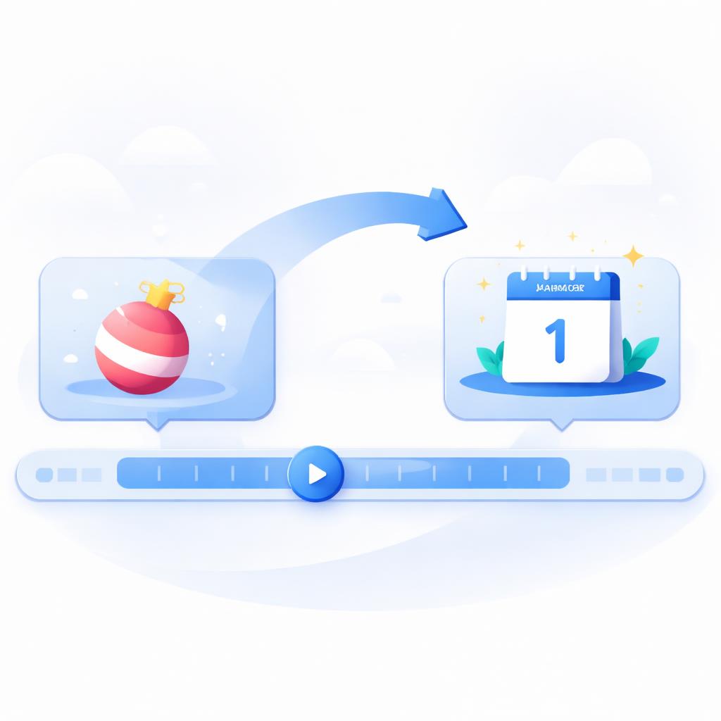 Abstract illustration showing a pivot from holiday icons to fresh start icons on a video timeline The Q1 Slump Pivot