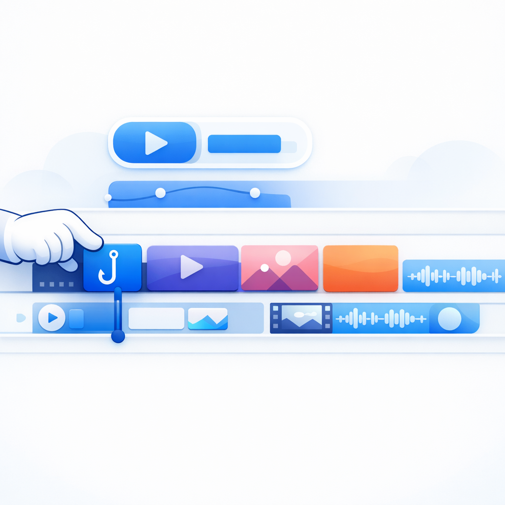 Editing AI UGC scripts for maximum conversion A stylized video timeline editor interface showing a hook being placed