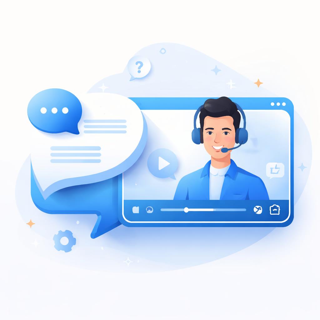 An illustration showing a customer service bubble transforming into a video player with a helpful avatar.