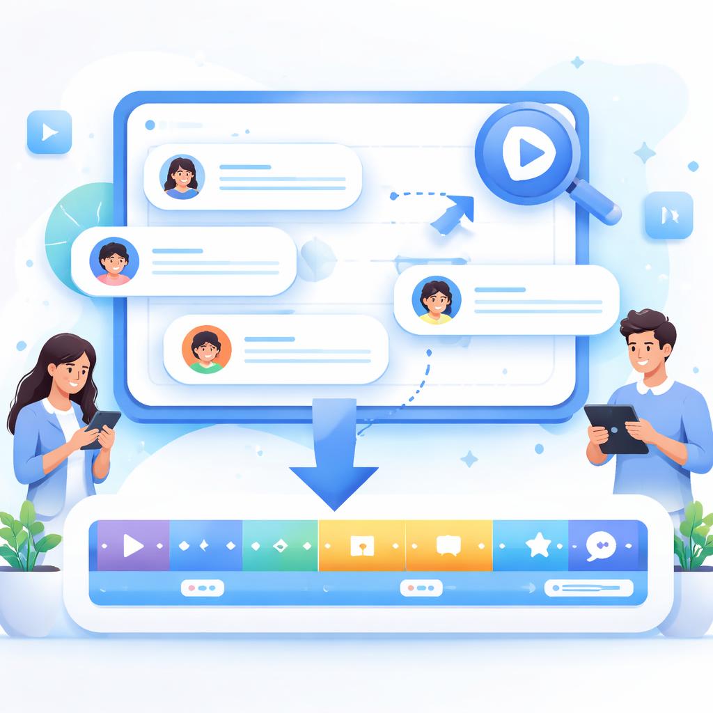 A stylized digital dashboard showing customer feedback being converted into video segments