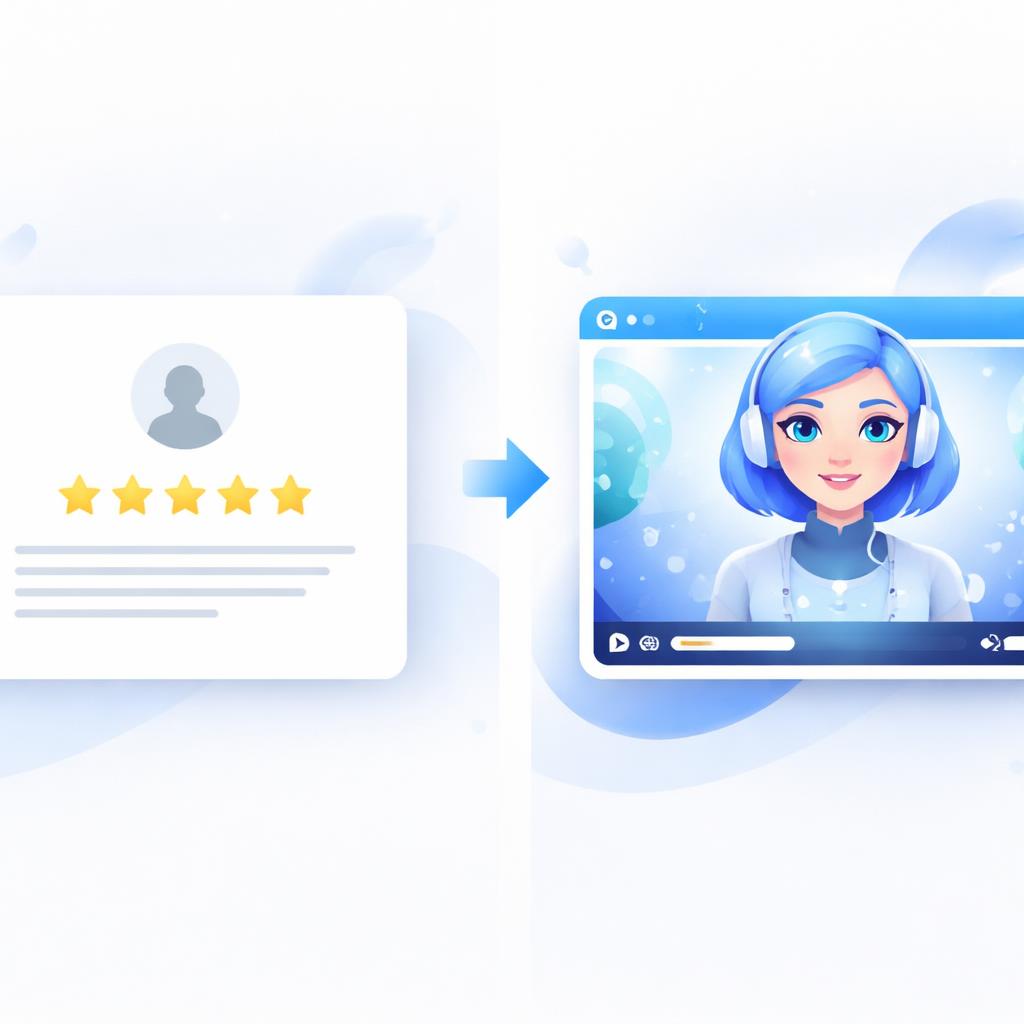 A comparison between static text reviews and engaging AI video avatars