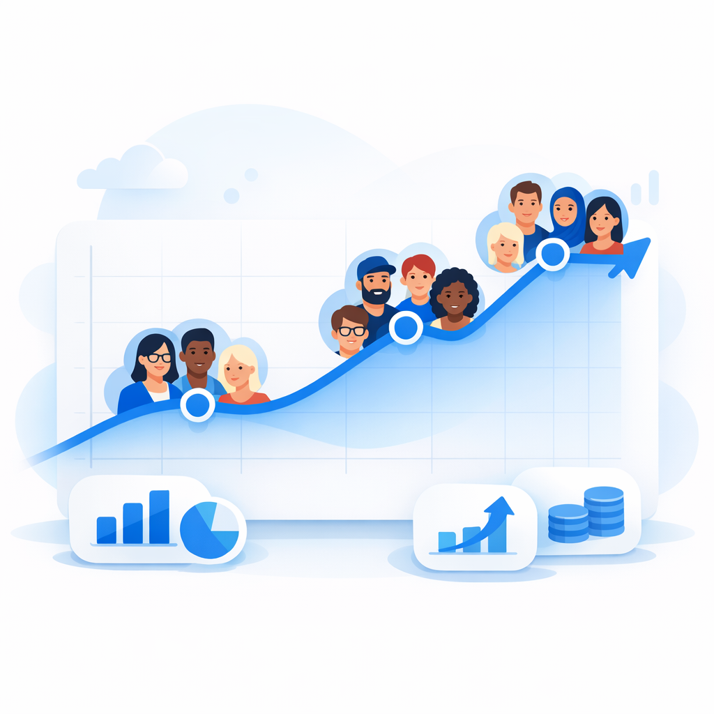 A growth chart showing upward trends with diverse avatar icons