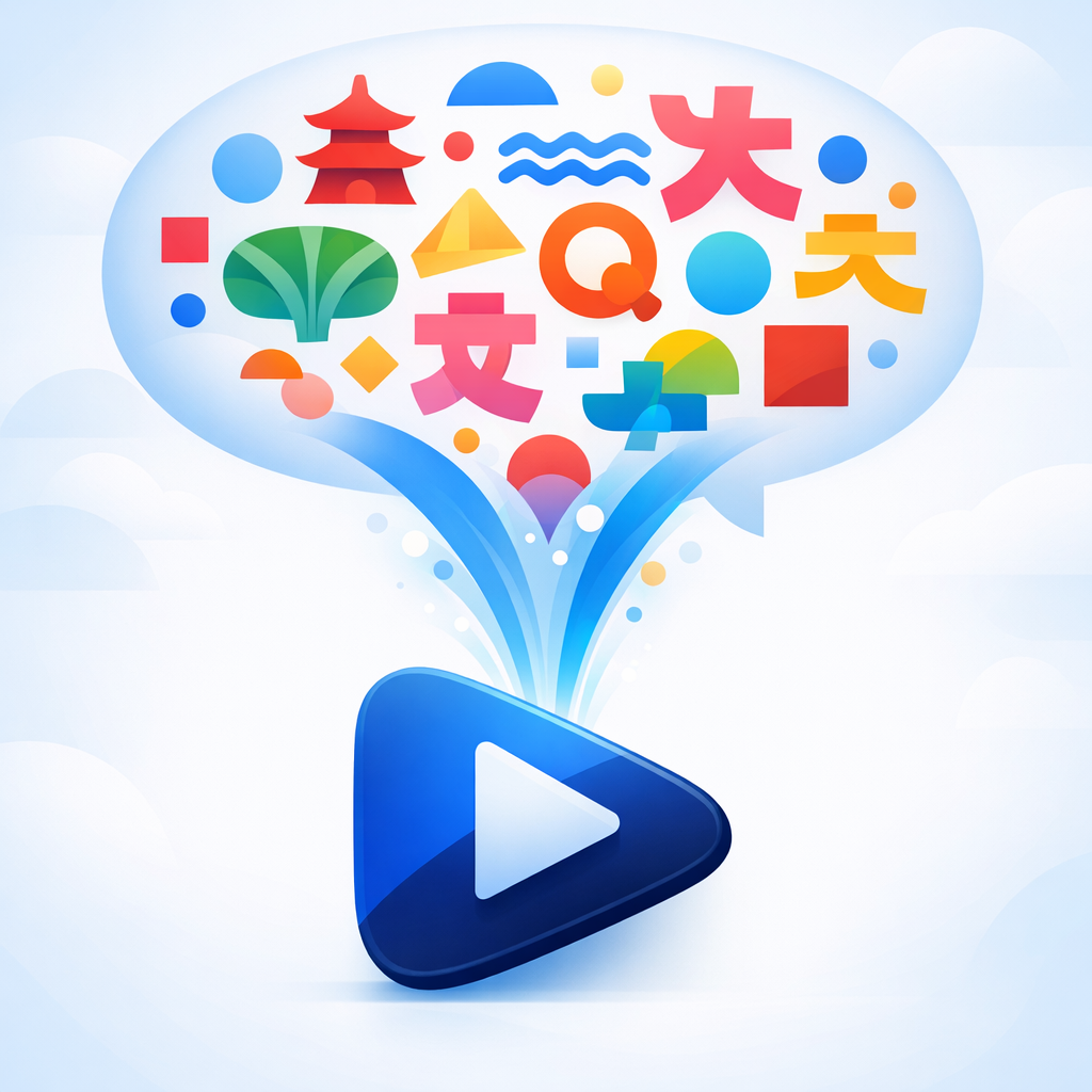 A stylized illustration of language symbols funneling into a video play button