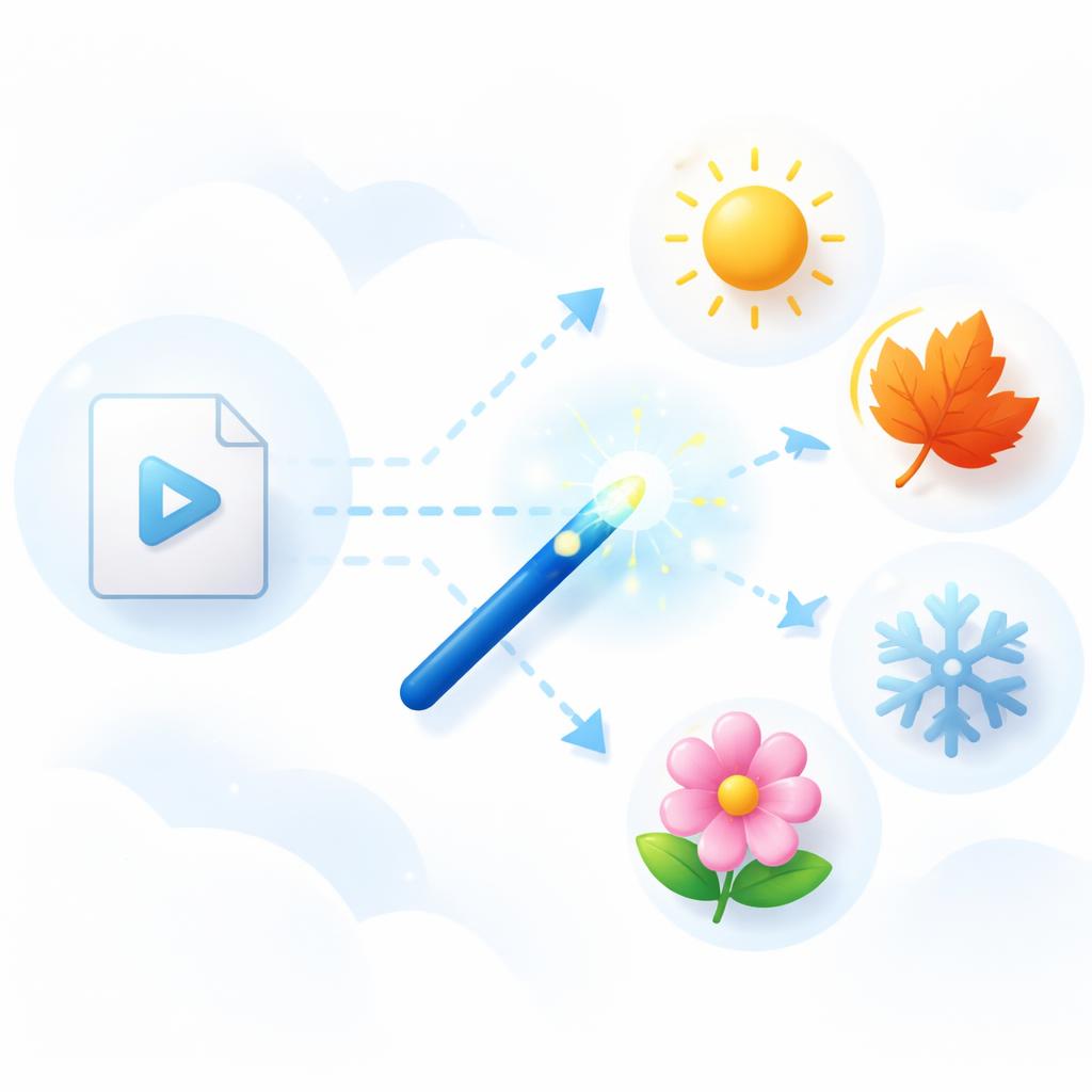 The seasonal video refresh workflow with AI backgrounds A flowchart showing a video being transformed into different seasonal versions