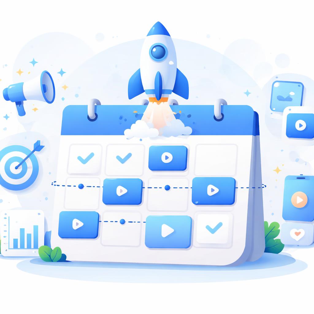 A stylized hero product launch timeline with video play buttons