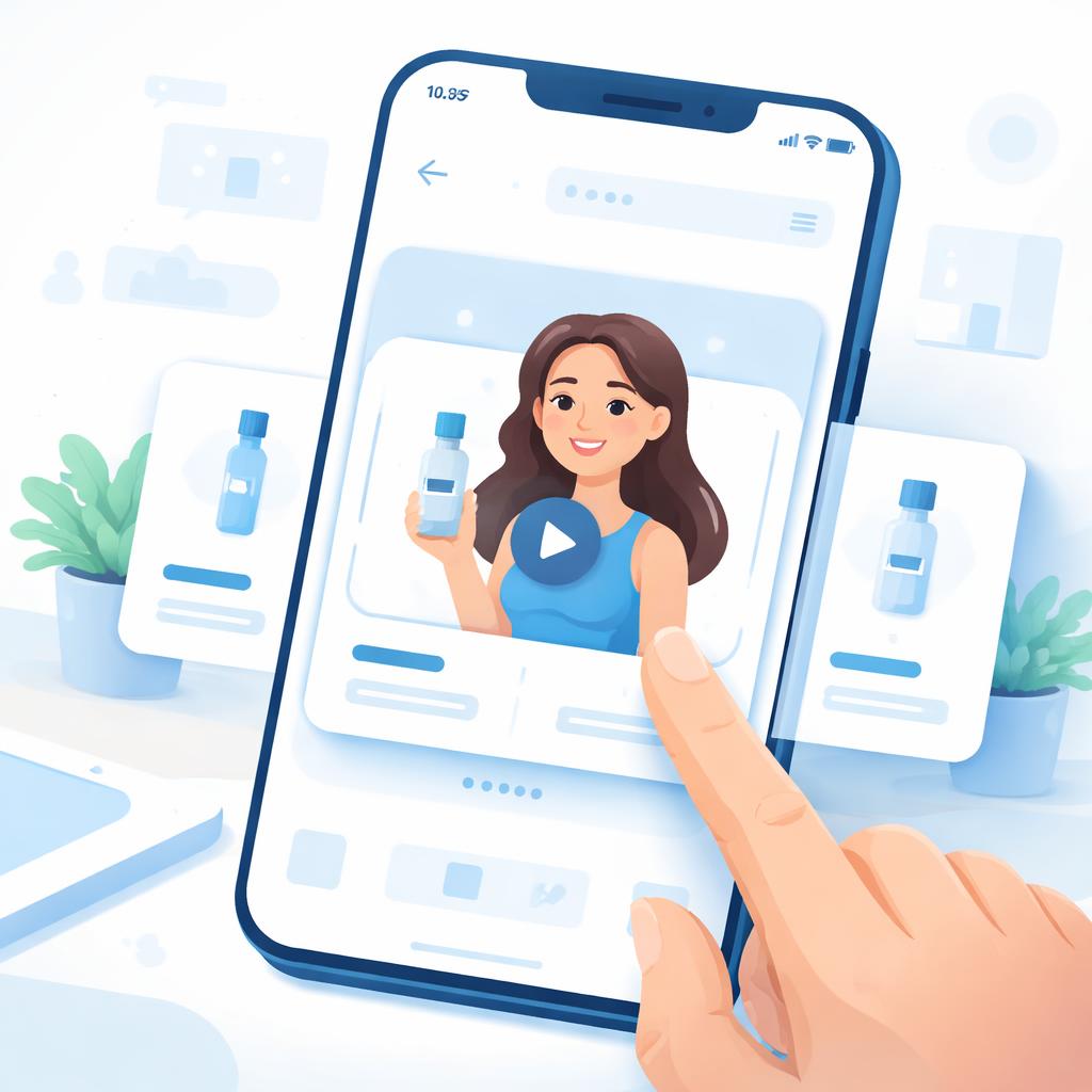 Stylized Shopify product carousel showing an AI avatar demonstrating a product
