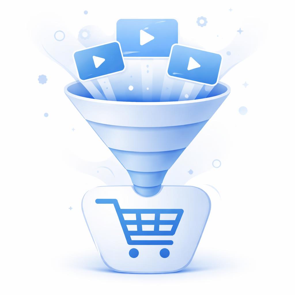 An abstract funnel showing video play icons leading to a cart icon