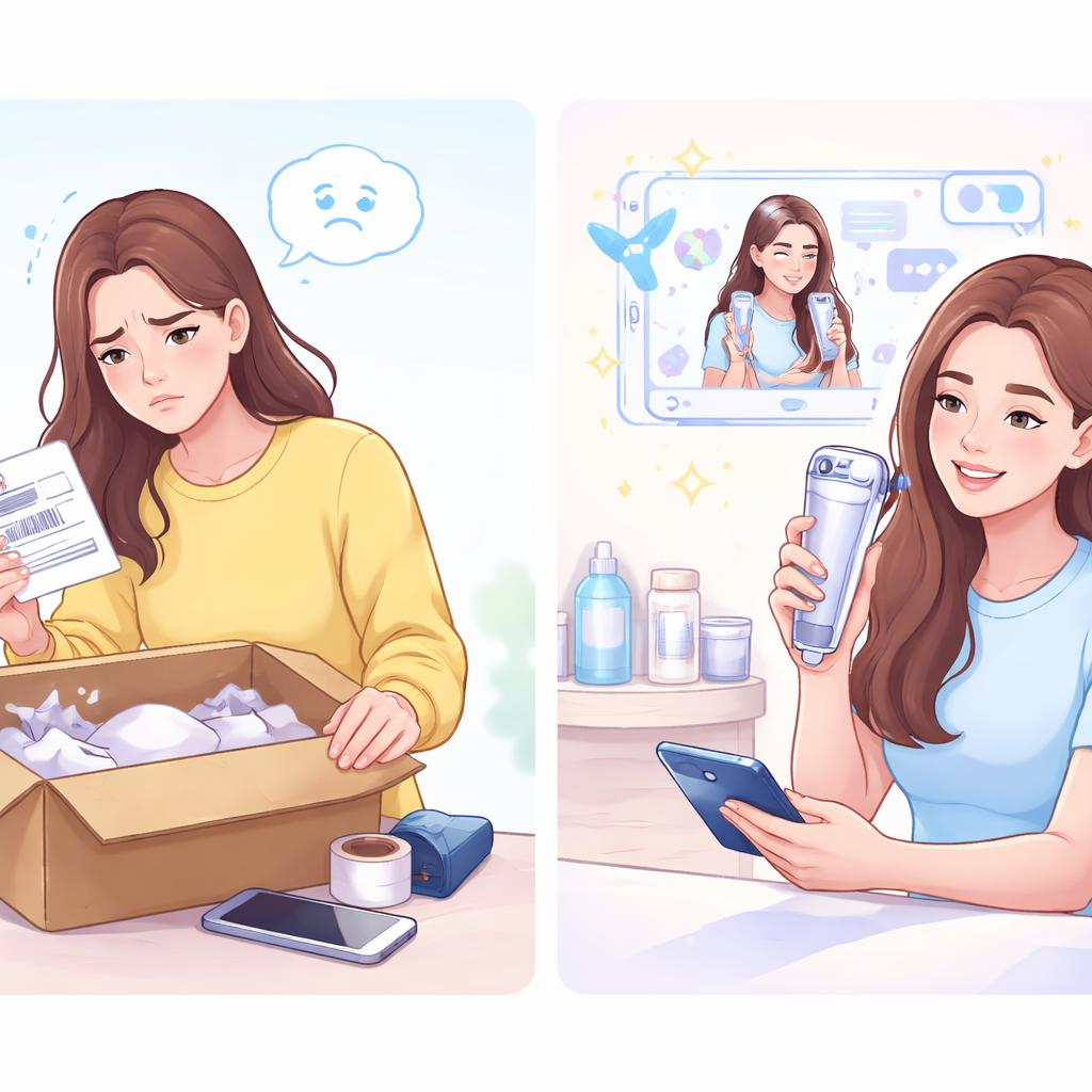 A split screen showing a frustrated customer with a return label vs a happy customer watching an AI tutorial and using the product.