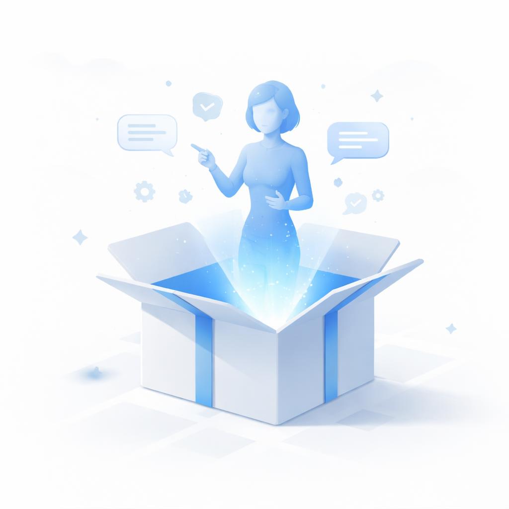 A stylized illustration of a 'Thank You' box with a holographic AI avatar providing instructions.
