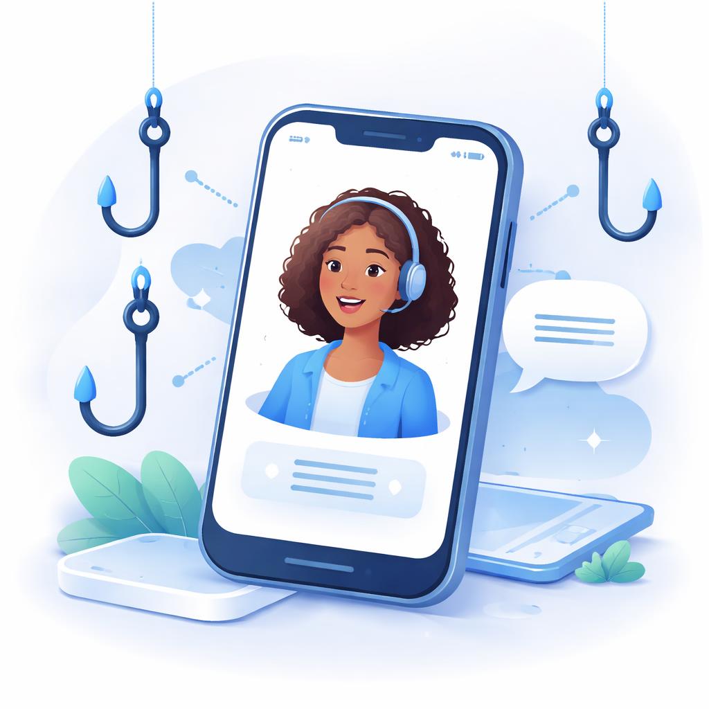A stylized illustration of a smartphone screen showing a diverse AI avatar speaking, with three floating 'hook' icons pointing at the screen.