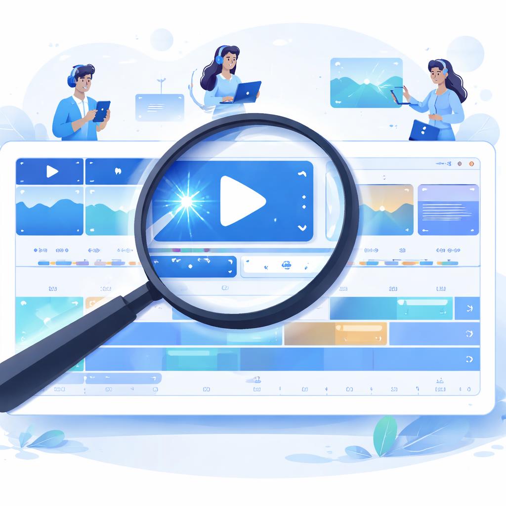 A stylized illustration of a video timeline editor with a magnifying glass focused on the first few frames, highlighting a 'play' button and a spark of blue energy.
