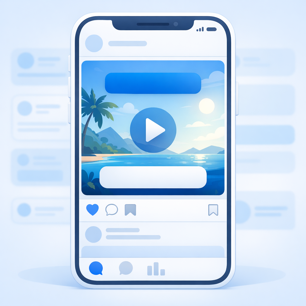 Stylized mobile phone screen displaying a vibrant video with prominent caption boxes