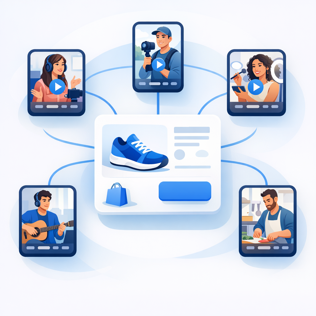 Scaling Single-SKU Shopify stores with AI UGC variations Stylized product card with branching paths to video creators