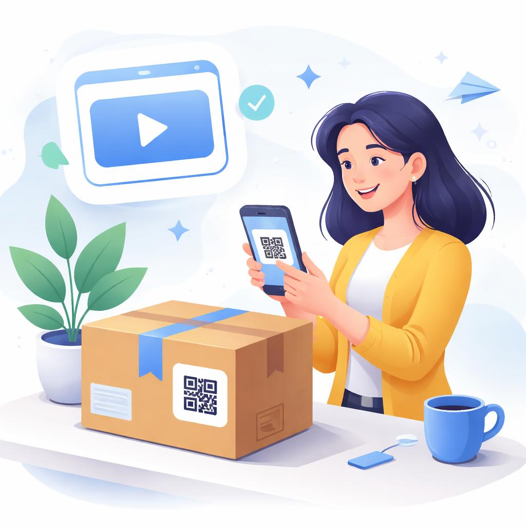 Happy Shopify customer watching a post-purchase AI UGC video Customer scanning QR code for video