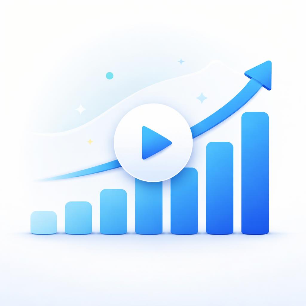 A minimalist illustration of a growth chart trending upwards, with a play button icon overlaid on a bar chart.