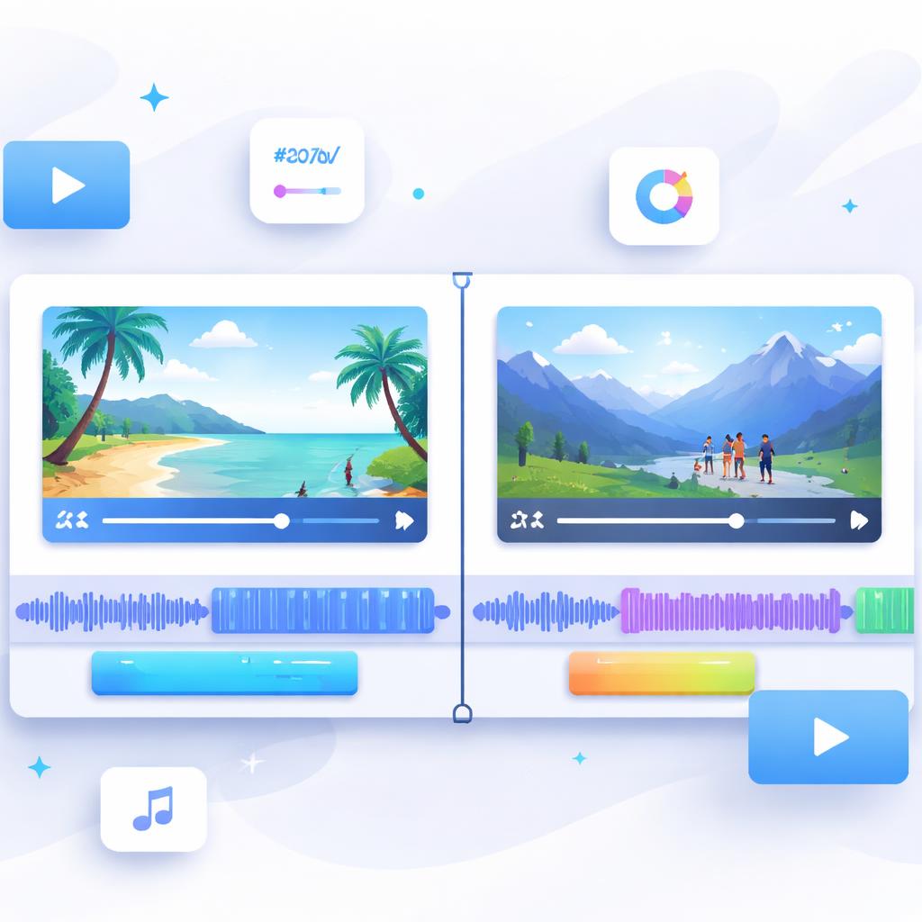 A stylized illustration of a video editing timeline with two video tracks side-by-side, showing comparison clips.