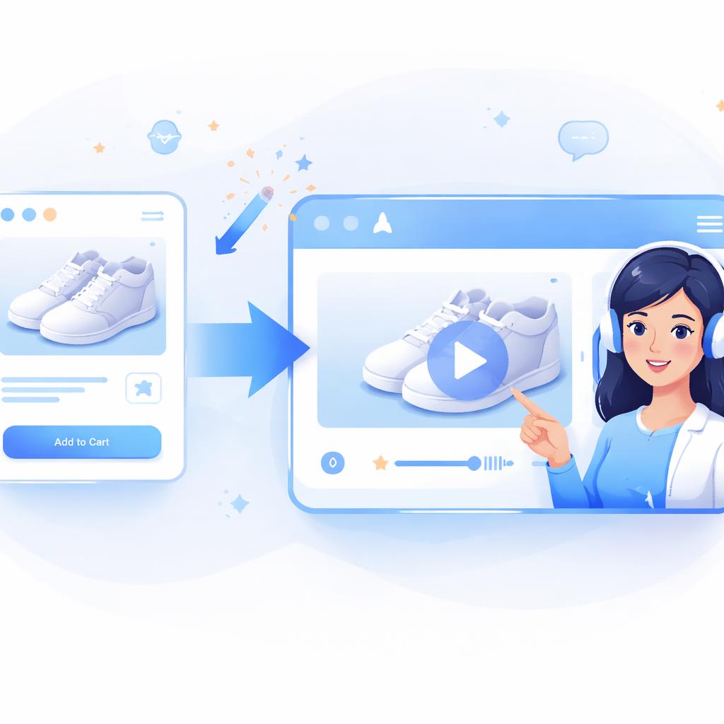A stylized illustration showing the creation of AI UGC for Shopify. AI UGC Creation
