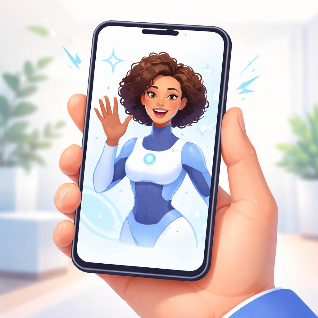 A friendly AI avatar demonstrating a product on a smartphone screen
