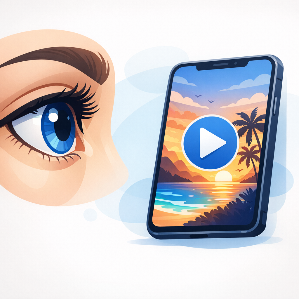 The importance of the first 3 seconds in an AI UGC video hook A stylized eye watching a video on a smartphone