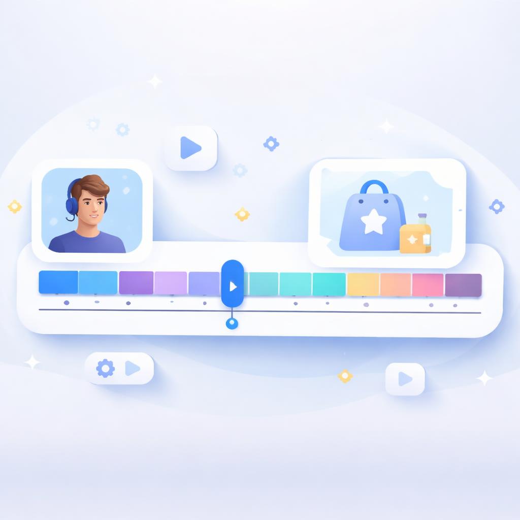 A stylized illustration of a video editing timeline showing the creation of an AI unboxing video.