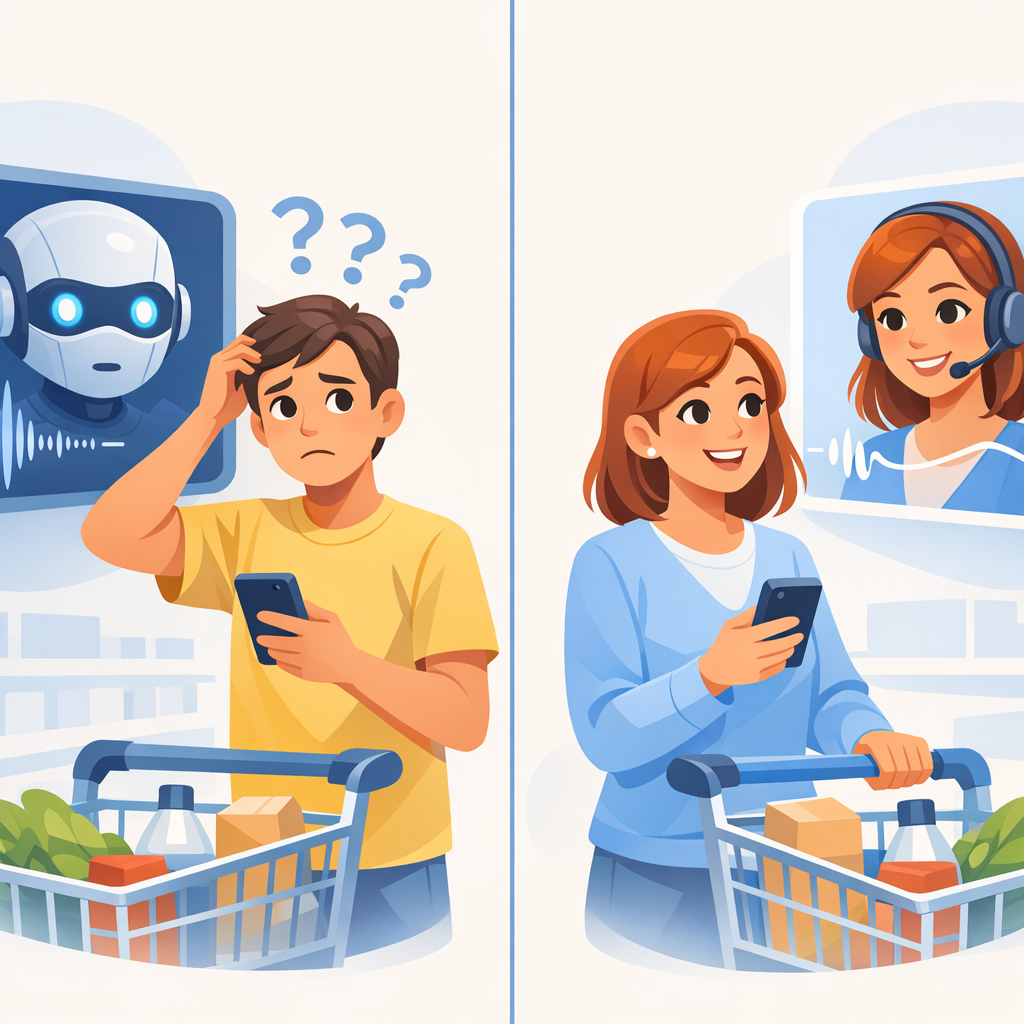 The impact of natural video ad voice on shopper trust A confused shopper hearing a robotic voice vs. a confident shopper hearing a natural voice