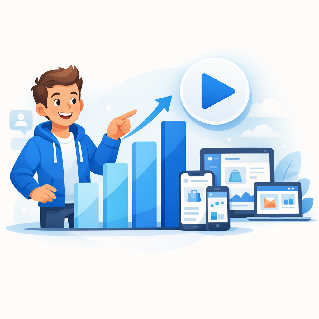 An avatar character showing growth charts representing the success of video SEO