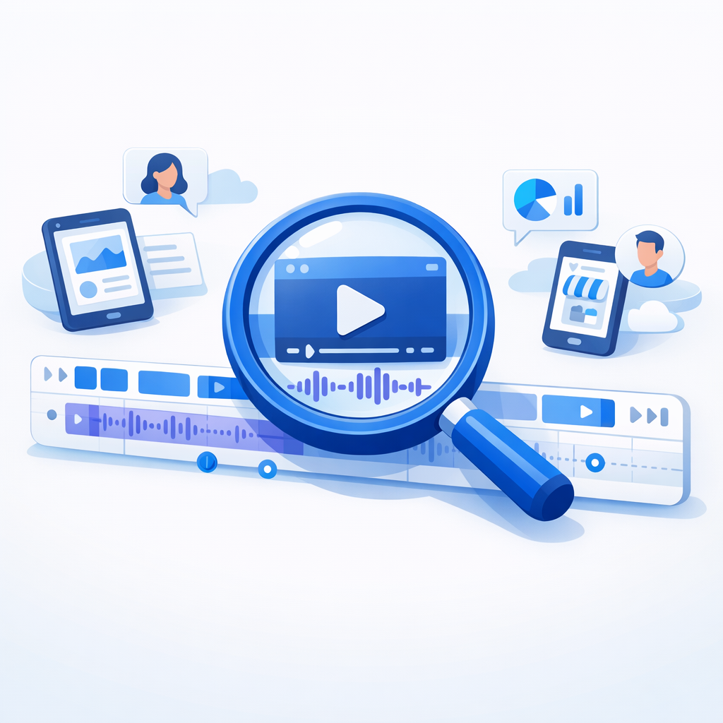 A magnifying glass over a video timeline representing Video SEO optimization