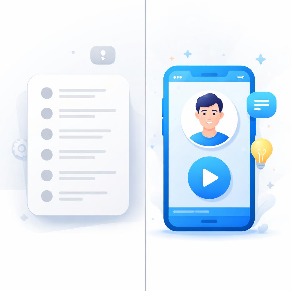 A comparison between boring text FAQs and engaging Visual FAQs using AI avatars Visual FAQ vs Text FAQ