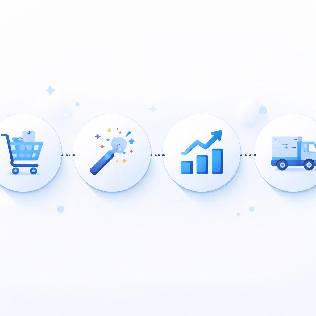 Modern SaaS illustration of an e-commerce workflow from cart to shipping The Zero-Sample Strategy Workflow